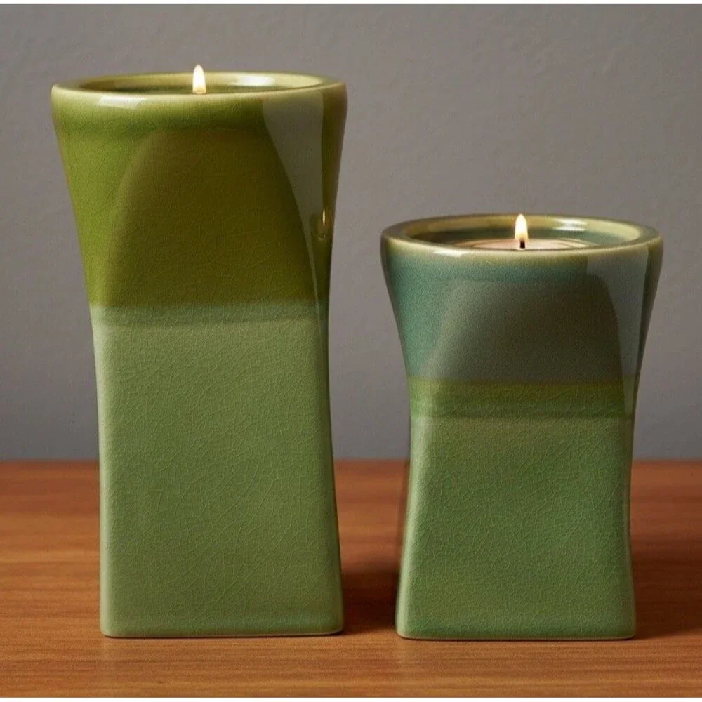 PartyLite Nature’s Garden Green Crackle Glaze Ceramic Candle Holders Set of 2